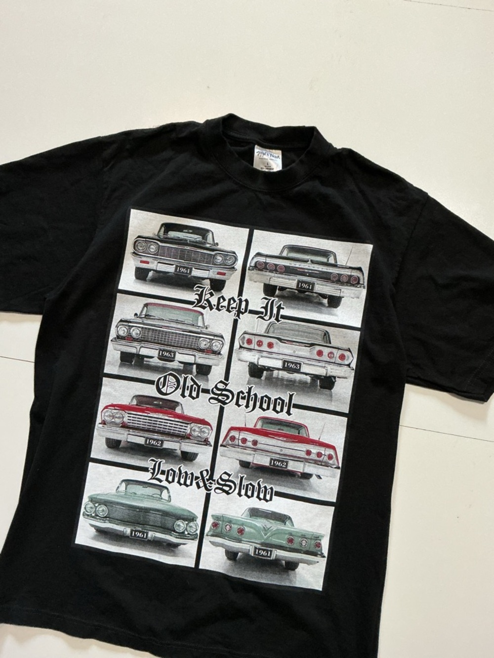 Chevy Impala Chevrolet Keep It Old School Low Slow Lowrider Cars Graphic T-Shirt View 3